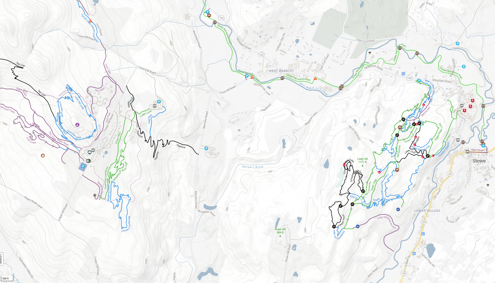 Trailforks map of Stowe Trails bike routes